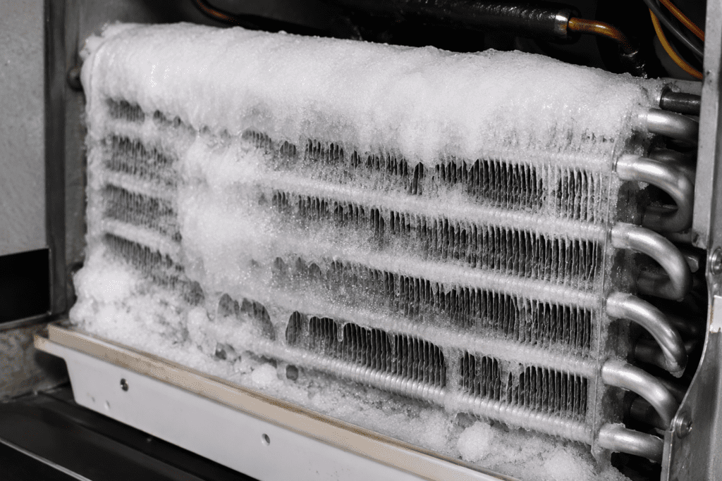 Close-up of an evaporator coil inside an air conditioning unit, covered with a thick layer of frost and ice—an issue often highlighted in Elementor HVAC troubleshooting guides.