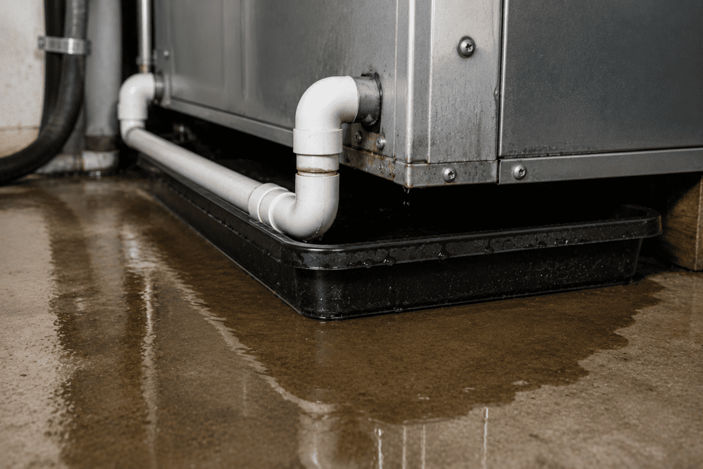 Water leaking from an HVAC unit onto a concrete floor, with puddles forming around a black drain pan and white PVC pipes—an example of AC leaking water that may require an AC diagnostic guide to resolve.
