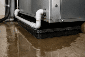 Water leaking from an HVAC unit onto a concrete floor, with puddles forming around a black drain pan and white PVC pipes—an example of AC leaking water that may require an AC diagnostic guide to resolve.