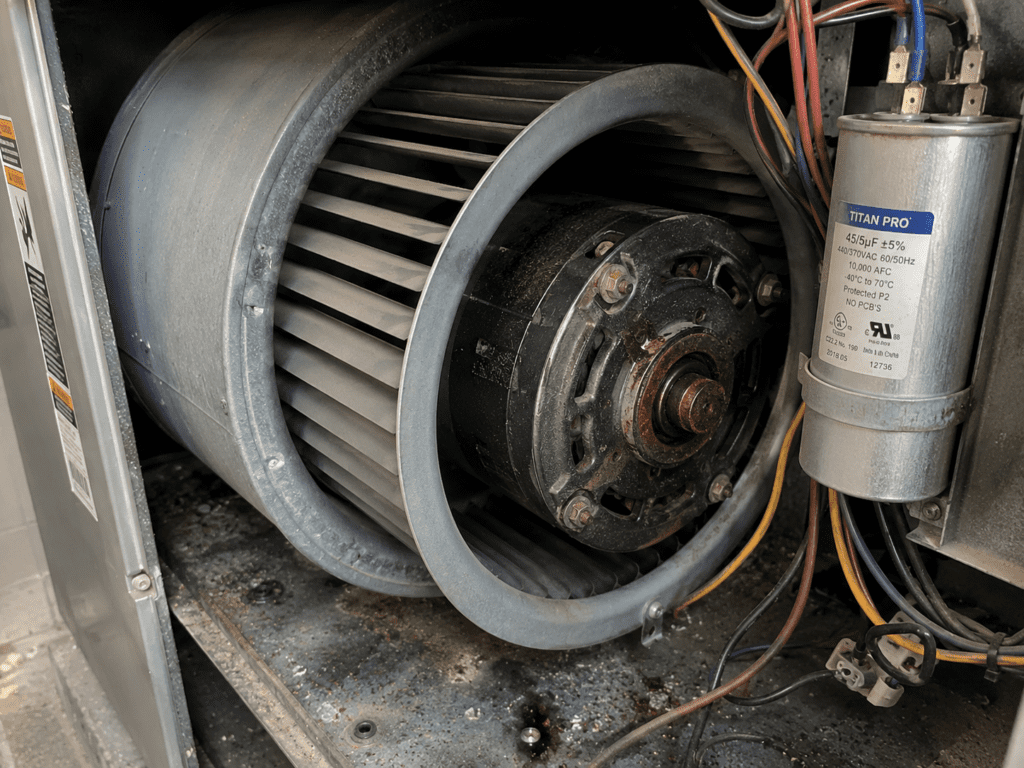 Close-up view of an HVAC blower motor and fan assembly inside a metal housing, with visible wires and a cylindrical capacitor labeled “TITAN PRO.” Slightly dusty and aged components suggest an AC diagnostic may be needed for Lowcountry homeowners.