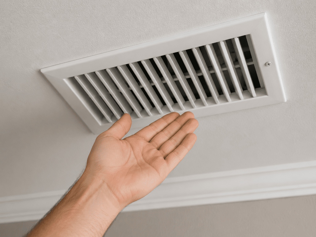 A hand is held up close to a white ceiling air vent, possibly checking for airflow or temperature from a heating or cooling system—perhaps after recent adjustments in an Elementor-designed smart home.