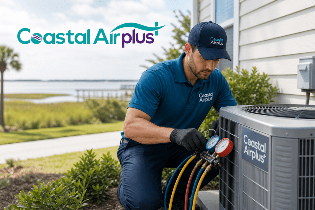 A technician in a blue Coastal Airplus uniform checks an outdoor air conditioning unit with gauges, diagnosing an AC not cooling issue. The house is near water, with plants and a dock visible. Coastal Airplus logo is at the top left.