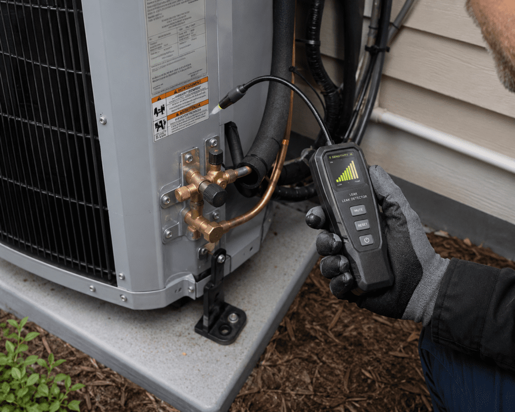 Wearing gloves, a person uses a handheld leak detector to check an outdoor air conditioning unit for AC refrigerant leak signs near a house, ensuring prompt AC repair 2026 and efficient system performance.