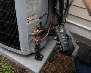Wearing gloves, a person uses a handheld leak detector to check an outdoor air conditioning unit for AC refrigerant leak signs near a house, ensuring prompt AC repair 2026 and efficient system performance.