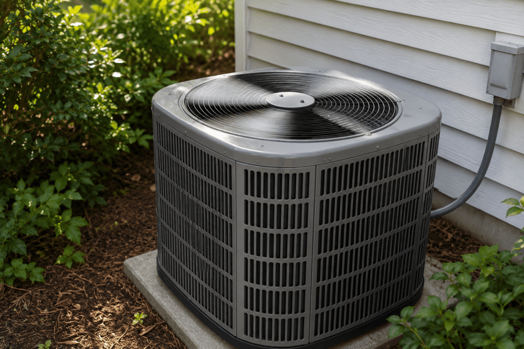 A central air conditioning unit sits on a concrete slab next to the exterior wall of a house, surrounded by green plants and mulch—creating a fresh, inviting look perfect for showcasing in your Elementor website designs.