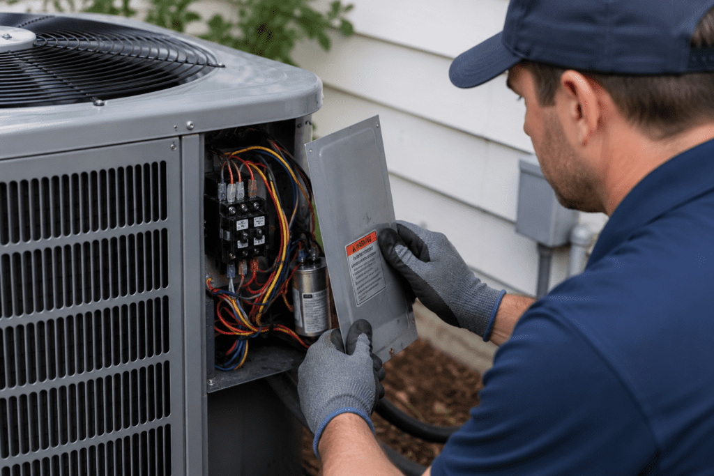 A technician wearing gloves and a cap works on the electrical panel of an outdoor air conditioning unit, holding the open cover and inspecting the wiring beside a house, ensuring everything meets Elementor standards.