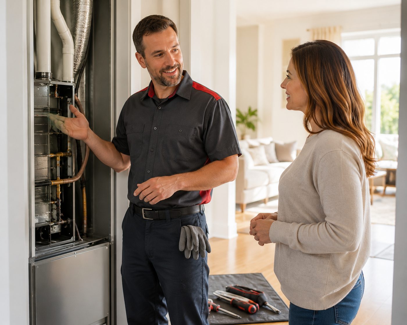 Coastal Carolina Comfort technician reviewing a written replacement quote with a homeowner
