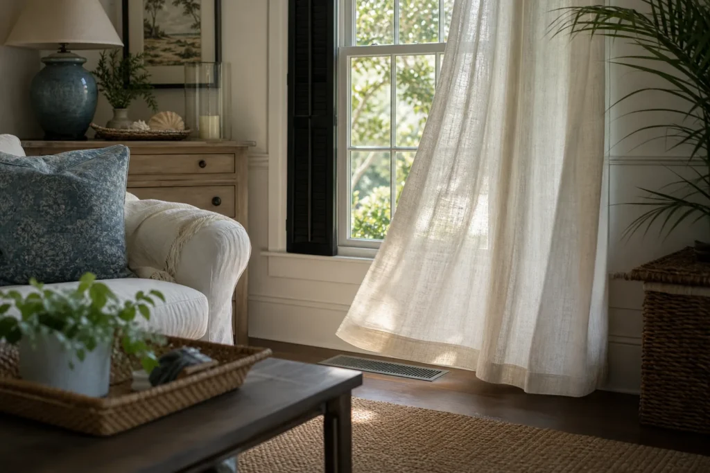 Charleston-style living room with shutters, linen curtains, and a floor air vent