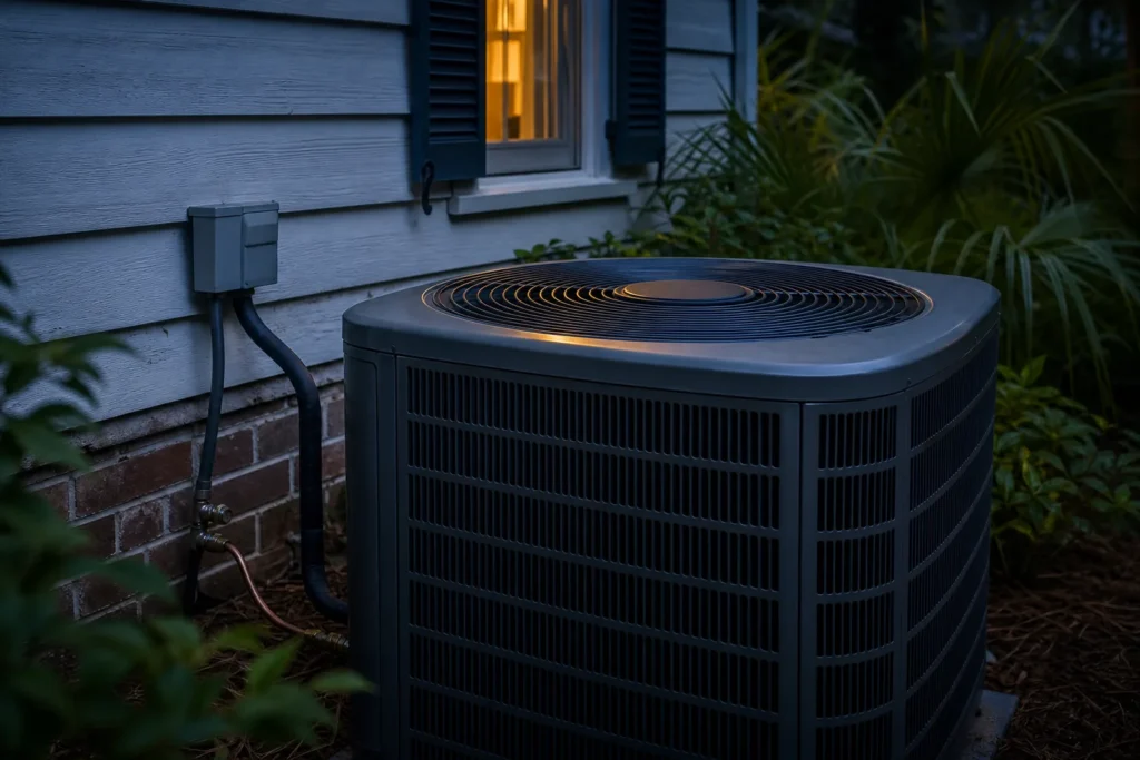 Outdoor air conditioning unit beside a Charleston home in evening light