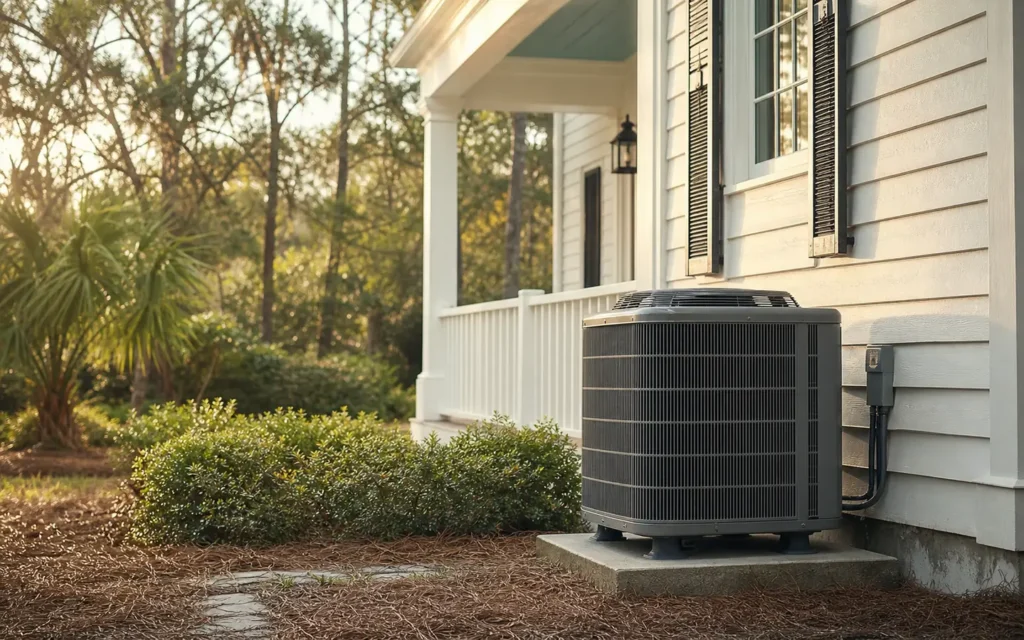 Outdoor air conditioning unit beside a Charleston-style home
