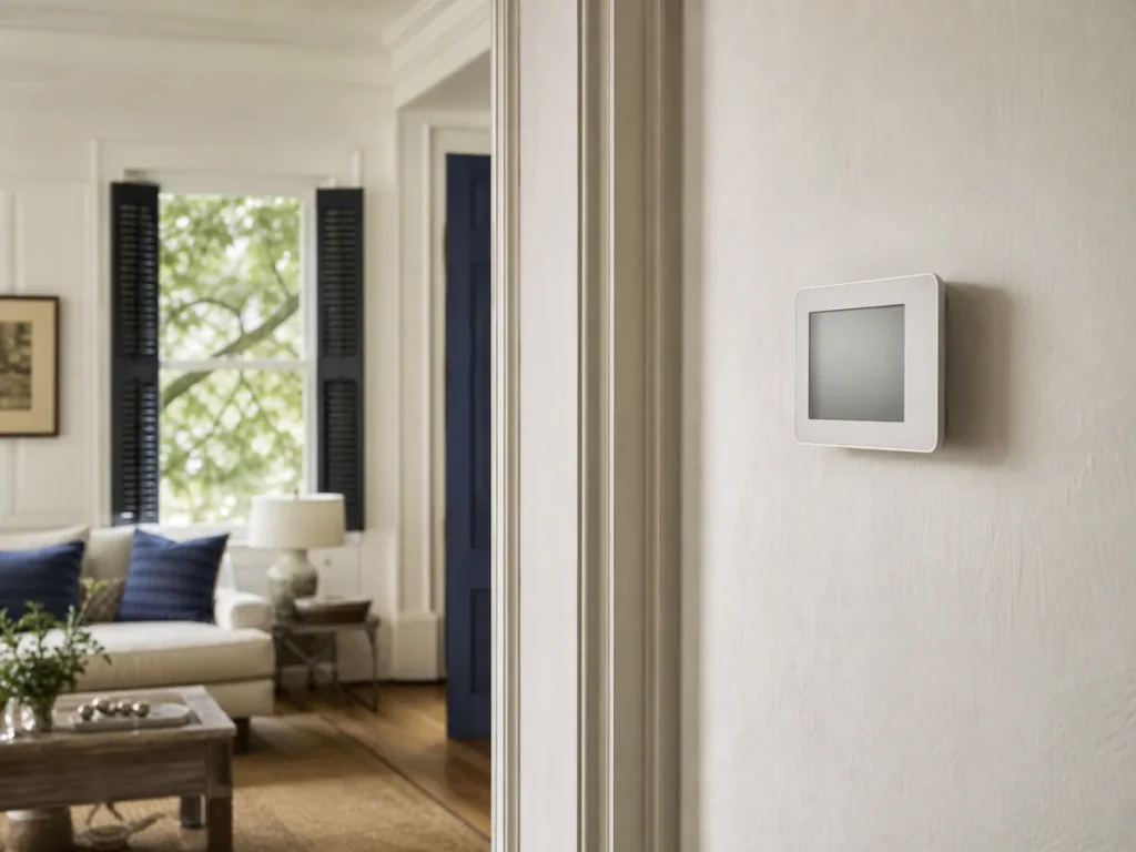Unbranded thermostat in a Charleston-style home interior with shutters and natural light