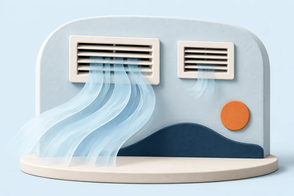 Clay illustration comparing strong and weak airflow from two room vents