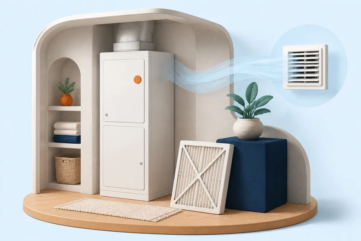 Clay-style illustration of a closed indoor air handler, filter and room vent