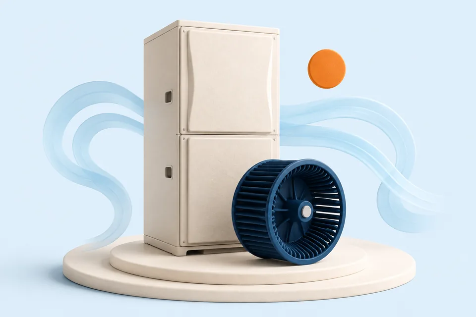 Clay illustration of an indoor air handler with a stylized blower-wheel detail