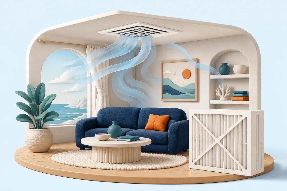 Illustration of airflow from a room vent and an air filter