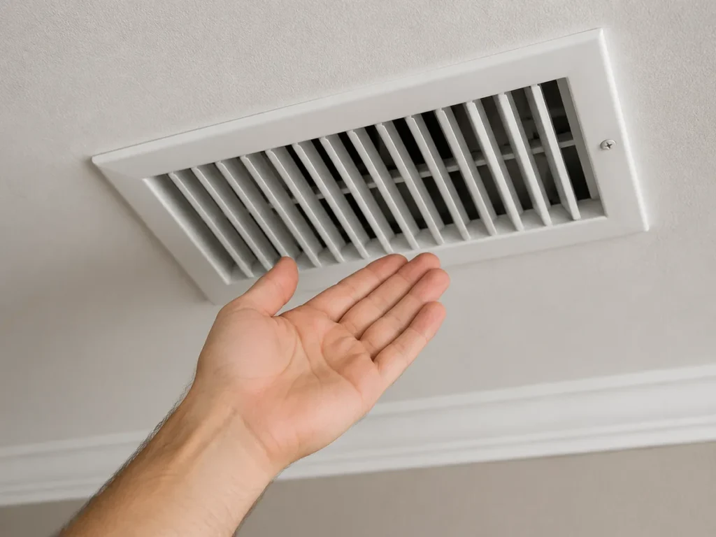 A hand checking airflow below a ceiling supply vent
