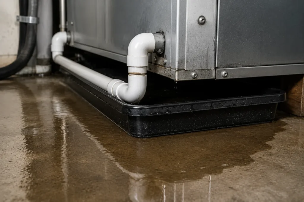 Water collecting around an indoor HVAC cabinet and drain pan