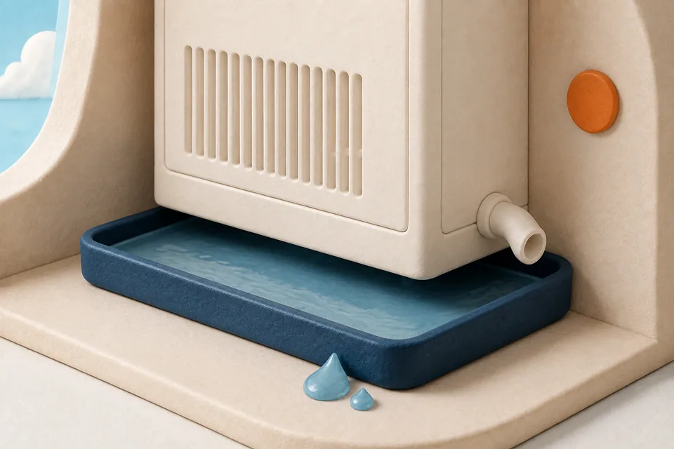 Clay illustration of water collecting in a drain pan beneath a closed indoor HVAC cabinet