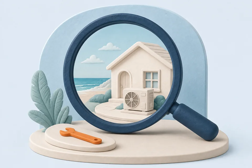 Clay illustration of a magnifying glass examining a coastal home and HVAC unit