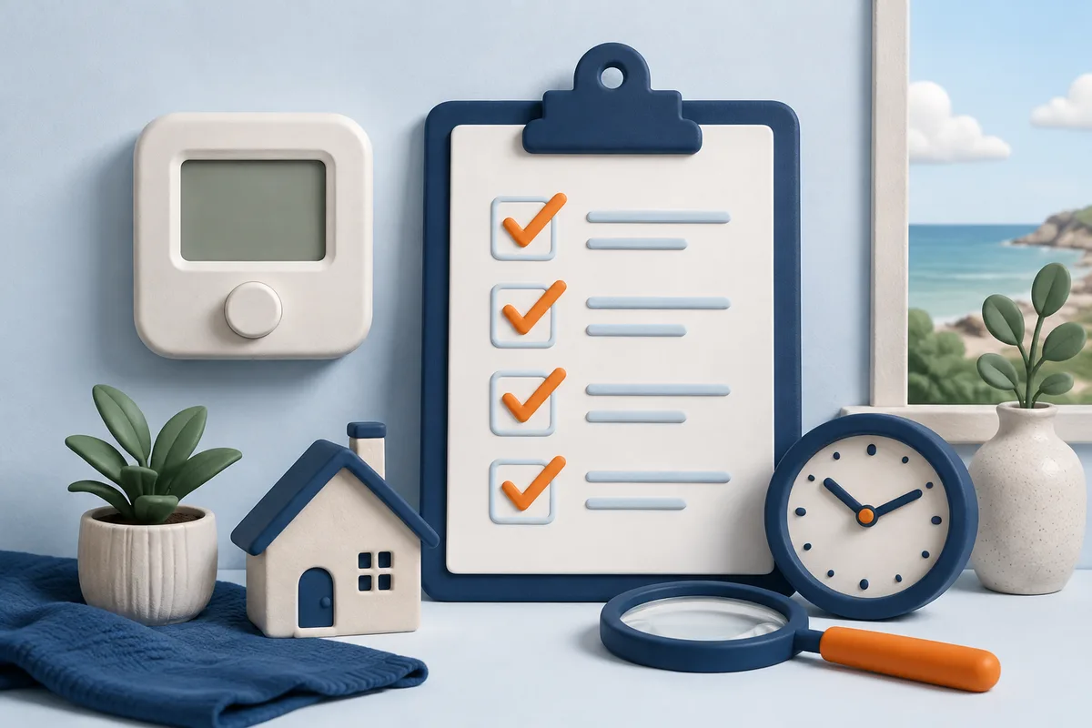 Illustration of a thermostat, symptom checklist and clock