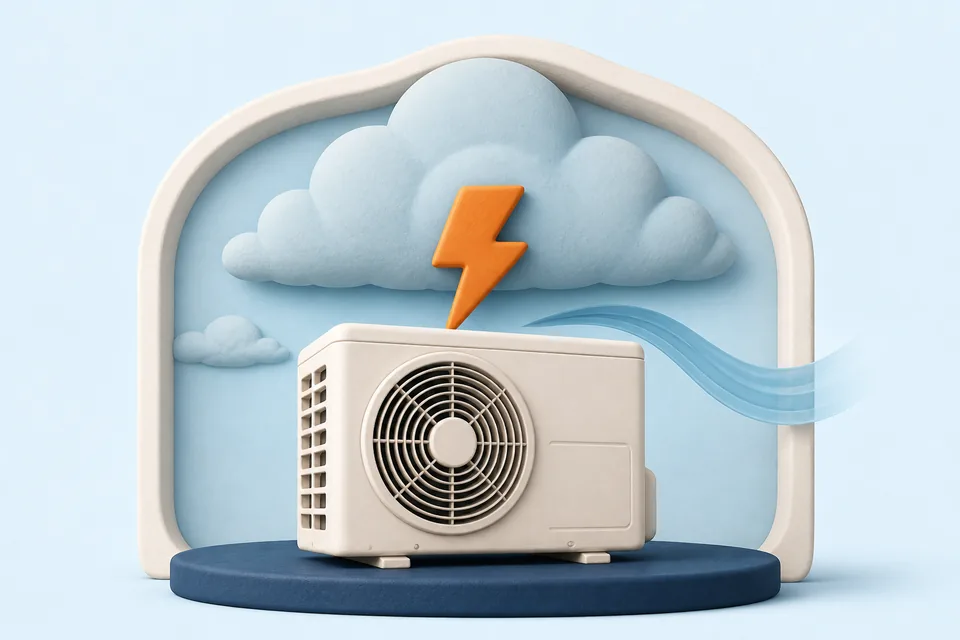 Clay illustration of a closed outdoor AC unit beneath a storm cloud and lightning symbol