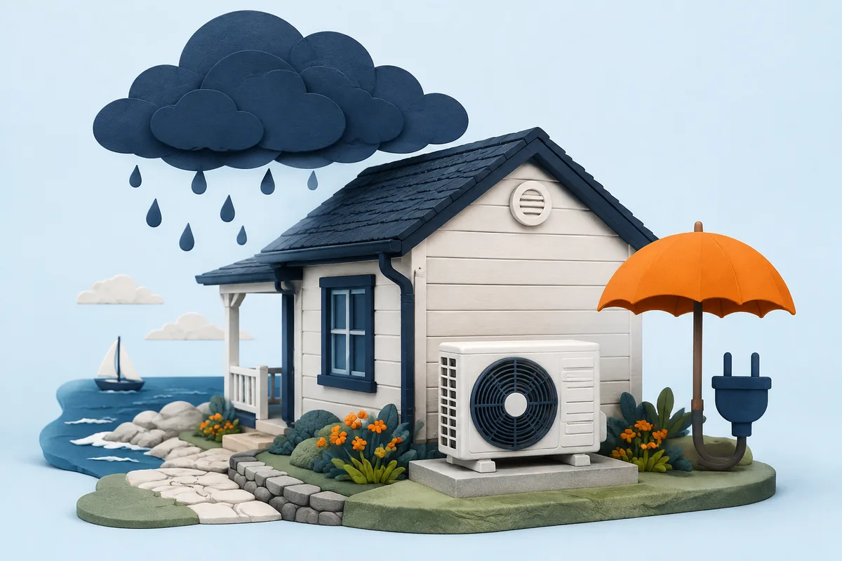 Illustration of a coastal home and AC unit after a storm