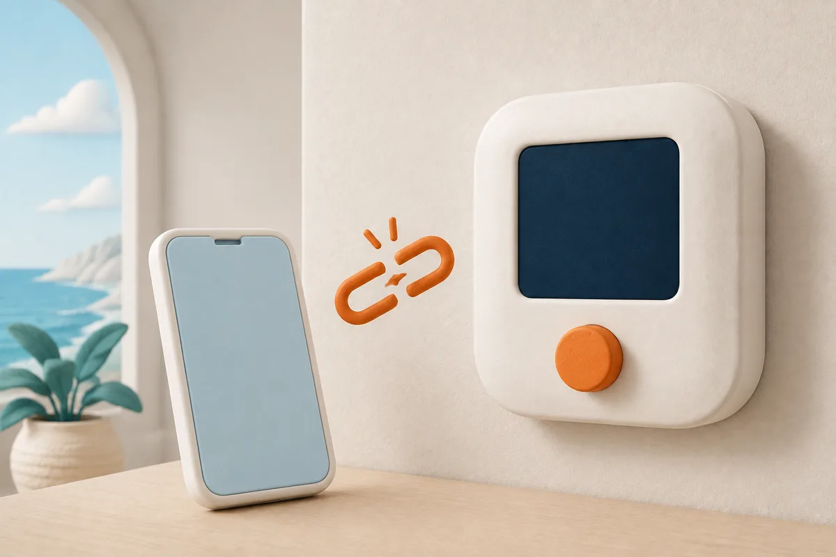 Clay-style illustration of a wall thermostat and a phone with a disconnected-link symbol