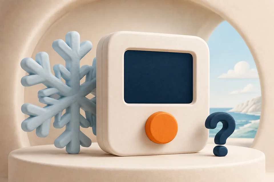 Clay illustration of a blank thermostat display with a snowflake and question symbol