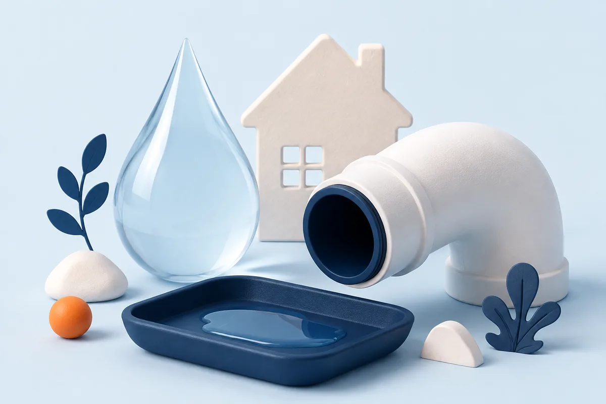 Illustration of water, a drain pipe and a condensate tray