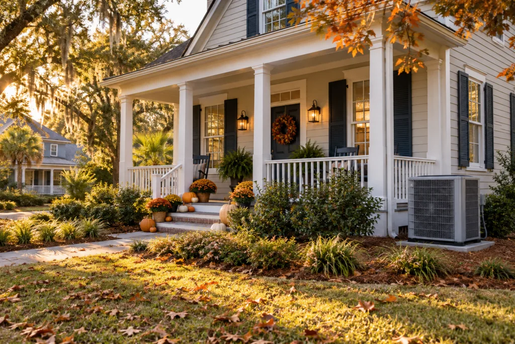 Coastal home with pumpkins, mums and outdoor HVAC equipment in fall